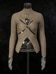 Sexy Hollow Out Twist Front Long Sleeve Knit Tops