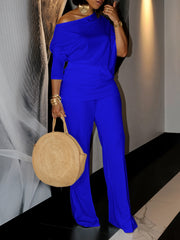 Casual Oblique Neck Loose Top Wide Leg Pants Set