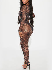 Sexy Leopard Print Sheer Mesh Tight Jumpsuit