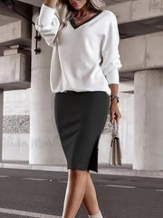 Fashion V-Neck Top and High Waist Knee Length Skirt Set