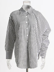 Lapel Off Shoulder Stripe Top And Straight Trousers Set