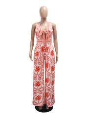 Sexy V Neck Print Tie Front Lace-up Wide Leg Jumpsuit