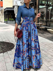 Casual Denim Patchwork Print Maxi Dress