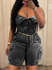 Sexy Strapless Denim Cargo Romper
