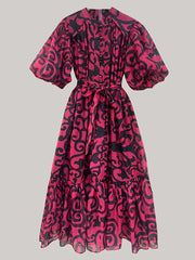 Fashion Print Single-breasted Puff Sleeve Lace-up Dress
