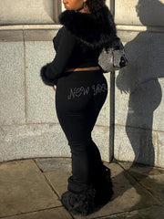 Fur-Trimmed Rhinestone Hoodie Trousers Two Piece