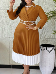 Fashion Full Sleeve Notched Neck High Waist Midi Dress