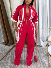 Fashion Stand Collar Zip-Up Striped Jumpsuit