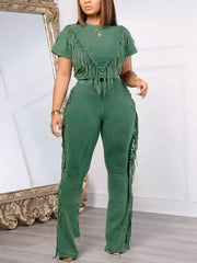 Fringe Crop Top Elastic Pants Casual Two Piece Sets