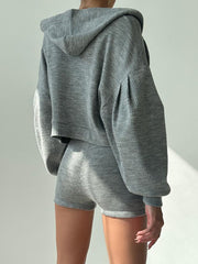 Casual Sports Yoga Ribbed Crop Top Jacket Shorts Sets