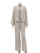 Casual V Neck Lace-up Shirt Wide Leg Pants Set