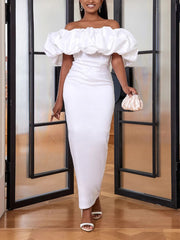 Elegant Off Shoulder Ruffle Trim Bodycon Dress