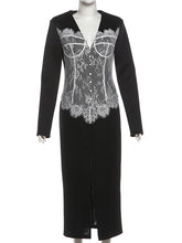 Fashion Lace Patchwork V Neck Split Midi Dress