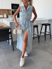 Sleeveless Single-breasted Lace-up Denim Dress