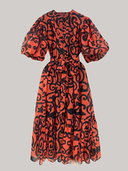 Fashion Print Single-breasted Puff Sleeve Lace-up Dress