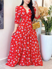 Fashion V-neck Print Puff Sleeves Slim Maxi Dress