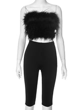 Sexy Fluffy Strapless Top Skinny Pants Two Piece Set