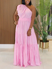 Single Shoulder Cinched Waist Tiered Maxi Dress