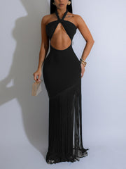 Sexy Fringe Halter Backless Lace-Up Maxi Dress