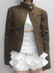 Retro Stand Collar Zipper Pocket Cropped Jacket