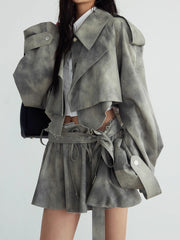 Print Cropped Trench Jacket and Mini Skirt Casual Set