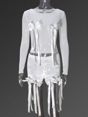 Sexy Bow Decor Lace See-through Top Shorts Sets