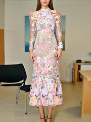 Fashion Mesh Patchwork 3D Flower Embroidered Dress