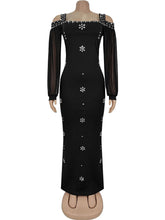 Elegant Rhinestone Square Neck Mesh Slim Maxi Dress