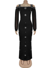 Elegant Rhinestone Square Neck Mesh Slim Maxi Dress