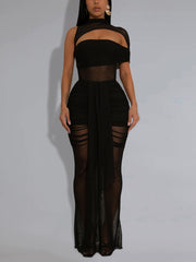 Sexy Sheer Mesh Hollow Out Top Bodycon Dress Sets