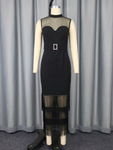 Fashion Mesh Patchwork Sleeveless Tassel Bodycon Dress