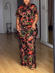 Casual Print Fringe Trim Button Collar Short Sleeve Set