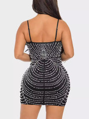 Sexy Spaghetti Strap Rhinestone Feather Mini Dress