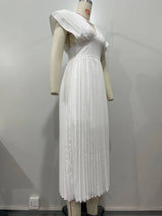 Elegant V-Neck Sleeveless Cinched Waist Pleated Dress