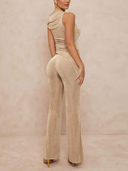Elegant Sloping Neck Slim Top Flared Pants Sets