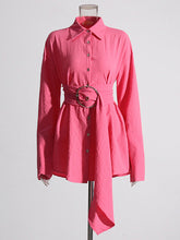 Solid Casual Button Down Patchwork Belt Blouse