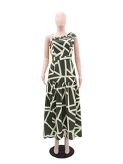 Elegant Asymmetrical Neck Print Ruffles Maxi Dress