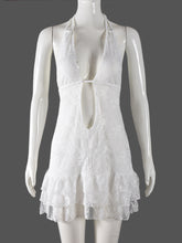 Sexy Lace Hollow Out Ruffle Halter Mini Dress