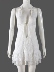 Sexy Lace Hollow Out Ruffle Halter Mini Dress
