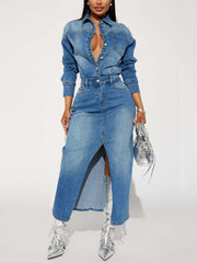Solid Patchwork Turndown Collar High Waist Denim Dress