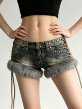 Fashion Faux Fur Patchwork Lace-Up Denim Shorts
