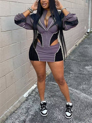 Sexy Hollow Out Zipper Patchwork Top Mini Skirt Sets