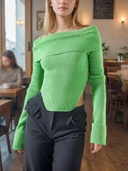 Chic Folded Off Shoulder High Low Side Slit Ribbed Tops