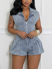 Casual Zipper Sleeveless Denim Romper