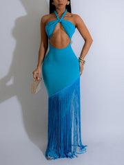 Sexy Fringe Halter Backless Lace-Up Maxi Dress