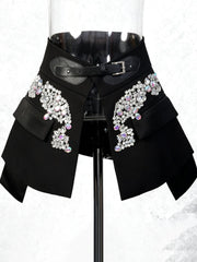 Fashion Split Rhinestone Belted High Waist Mini Skirt