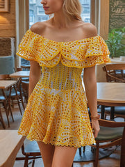 Off Shoulder Embroidered Layered Ruffle Mini Dress