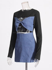 Fashion Denim Patchwork Hollow Top And Skirt Sets