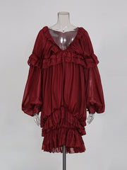 Elegant V Neck Long Sleeve Ruffles Loose Mini Dress