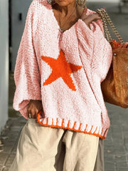 Warm Texture Star Pattern Contrast Color Loose Sweater